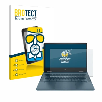 Vorderseite einer Produktverpackung mit dem Markenlogo BROTECT. Daneben ist das Gerät HP Chromebook x360 (14b-cbX) mit dem zug
