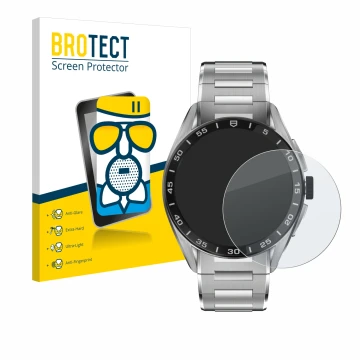 Vorderseite einer Produktverpackung mit dem Markenlogo BROTECT. Daneben ist das Gerät TAG Heuer Connected Calibre E4 (45 mm) m