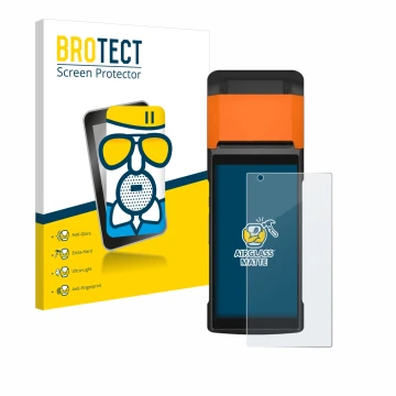 Vorderseite einer Produktverpackung mit dem Markenlogo BROTECT. Daneben ist das Gerät Sunmi V2s mit dem zugehörigen Displaysch