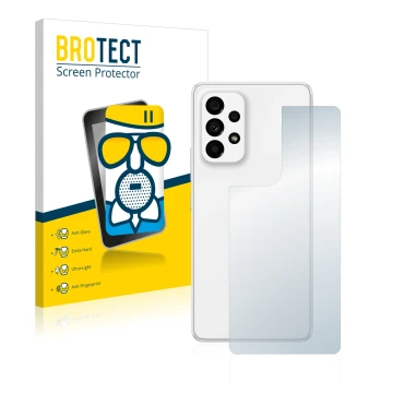 Vorderseite einer Produktverpackung mit dem Markenlogo BROTECT. Daneben ist das Gerät Samsung Galaxy A53 5G (Rückseite) mit de