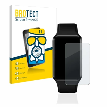 Vorderseite einer Produktverpackung mit dem Markenlogo BROTECT. Daneben ist das Gerät Oppo Watch Free mit dem zugehörigen Disp