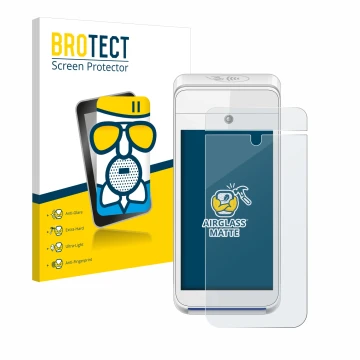 Vorderseite einer Produktverpackung mit dem Markenlogo BROTECT. Daneben ist das Gerät Pax A920 mit dem zugehörigen Displayschu