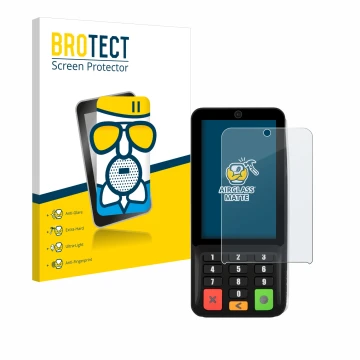 Vorderseite einer Produktverpackung mit dem Markenlogo BROTECT. Daneben ist das Gerät Pax A35 mit dem zugehörigen Displayschut