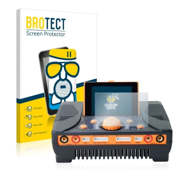 Vorderseite einer Produktverpackung mit dem Markenlogo BROTECT. Daneben ist das Gerät Junsi iCharger 406 Duo mit dem zugehörig