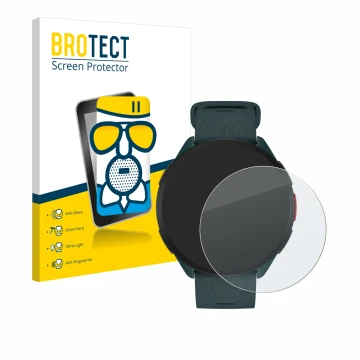 Vorderseite einer Produktverpackung mit dem Markenlogo BROTECT. Daneben ist das Gerät Polar Pacer mit dem zugehörigen Displays