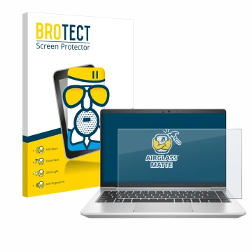 Vorderseite einer Produktverpackung mit dem Markenlogo BROTECT. Daneben ist das Gerät HP EliteBook 645 G9 mit dem zugehörigen 