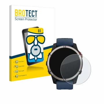 Vorderseite einer Produktverpackung mit dem Markenlogo BROTECT. Daneben ist das Gerät Garmin quatix 7 mit dem zugehörigen Disp