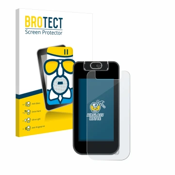 Vorderseite einer Produktverpackung mit dem Markenlogo BROTECT. Daneben ist das Gerät Vtech KidiBuzz 3 mit dem zugehörigen Dis