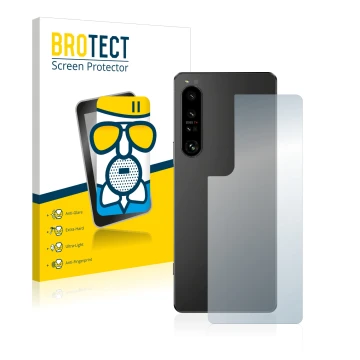 Vorderseite einer Produktverpackung mit dem Markenlogo BROTECT. Daneben ist das Gerät Sony Xperia 1 IV (Rückseite) mit dem zug