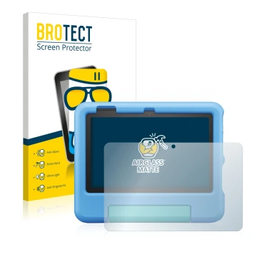 Vorderseite einer Produktverpackung mit dem Markenlogo BROTECT. Daneben ist das Gerät Amazon Fire 7 Kids 2022 mit dem zugehöri