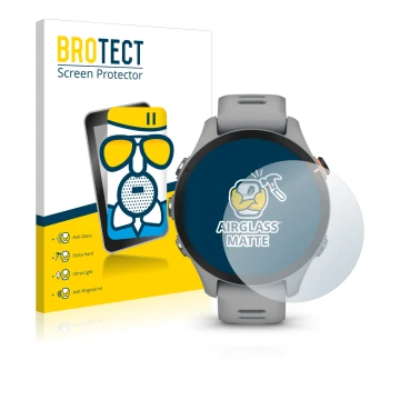 Vorderseite einer Produktverpackung mit dem Markenlogo BROTECT. Daneben ist das Gerät Garmin Forerunner 255S mit dem zugehörig