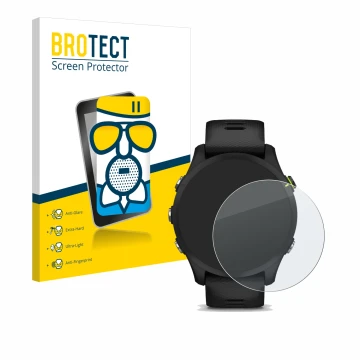 Vorderseite einer Produktverpackung mit dem Markenlogo BROTECT. Daneben ist das Gerät Garmin Forerunner 255 Music mit dem zuge