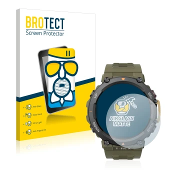 Vorderseite einer Produktverpackung mit dem Markenlogo BROTECT. Daneben ist das Gerät Huami Amazfit T-Rex 2 mit dem zugehörige