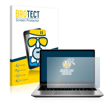 Vorderseite einer Produktverpackung mit dem Markenlogo BROTECT. Daneben ist das Gerät HP ProBook 640 G8 mit dem zugehörigen Di