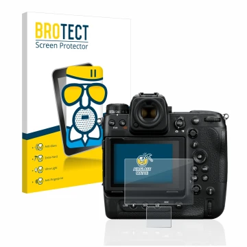 Vorderseite einer Produktverpackung mit dem Markenlogo BROTECT. Daneben ist das Gerät Nikon Z 9 (Display + Schulterdisplay) mi