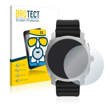 Vorderseite einer Produktverpackung mit dem Markenlogo BROTECT. Daneben ist das Gerät Fossil Gen 6 Hybrid Machine (45mm) mit d