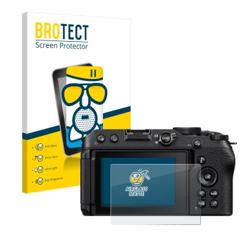 Vorderseite einer Produktverpackung mit dem Markenlogo BROTECT. Daneben ist das Gerät Nikon Z 30 mit dem zugehörigen Displaysc