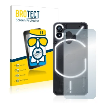 Vorderseite einer Produktverpackung mit dem Markenlogo BROTECT. Daneben ist das Gerät Nothing Phone (1) (Rückseite) mit dem zu