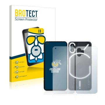 Vorderseite einer Produktverpackung mit dem Markenlogo BROTECT. Daneben ist das Gerät Nothing Phone (1) (Display+Rückseite) mi