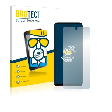 Vorderseite einer Produktverpackung mit dem Markenlogo BROTECT. Daneben ist das Gerät Motorola Moto G32 mit dem zugehörigen Di
