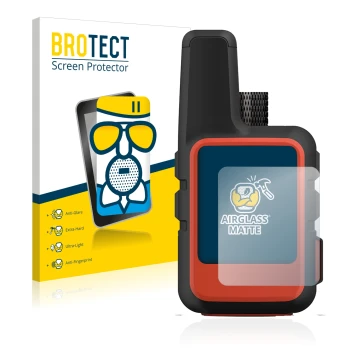 Vorderseite einer Produktverpackung mit dem Markenlogo BROTECT. Daneben ist das Gerät Garmin inReach Mini 2 mit dem zugehörige