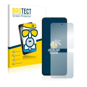 Vorderseite einer Produktverpackung mit dem Markenlogo BROTECT. Daneben ist das Gerät Samsung Galaxy Z Flip 4 mit dem zugehöri