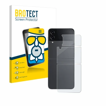 Vorderseite einer Produktverpackung mit dem Markenlogo BROTECT. Daneben ist das Gerät Samsung Galaxy Z Flip 4 (Rückseite) mit 