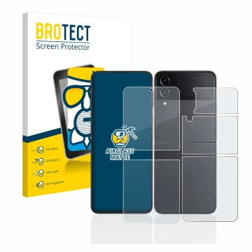 Vorderseite einer Produktverpackung mit dem Markenlogo BROTECT. Daneben ist das Gerät Samsung Galaxy Z Flip 4 (Display+Rücksei