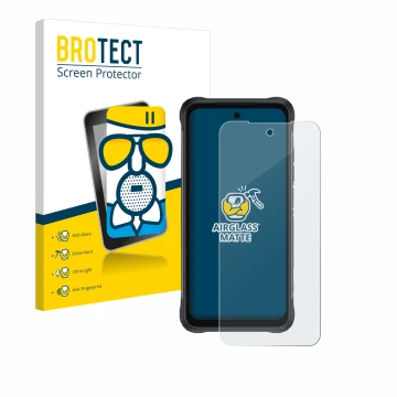 Vorderseite einer Produktverpackung mit dem Markenlogo BROTECT. Daneben ist das Gerät Umidigi Bison 2 mit dem zugehörigen Disp