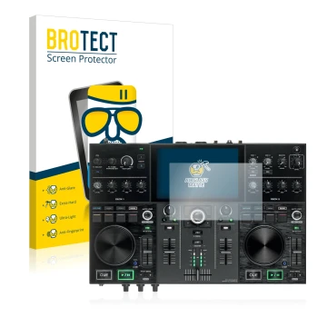 Vorderseite einer Produktverpackung mit dem Markenlogo BROTECT. Daneben ist das Gerät Denon DJ Prime Go mit dem zugehörigen Di