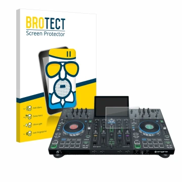 Vorderseite einer Produktverpackung mit dem Markenlogo BROTECT. Daneben ist das Gerät Denon DJ Prime 4 mit dem zugehörigen Dis