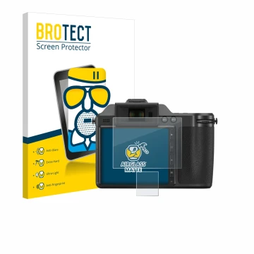 Vorderseite einer Produktverpackung mit dem Markenlogo BROTECT. Daneben ist das Gerät Fujifilm X-H2 mit dem zugehörigen Displa