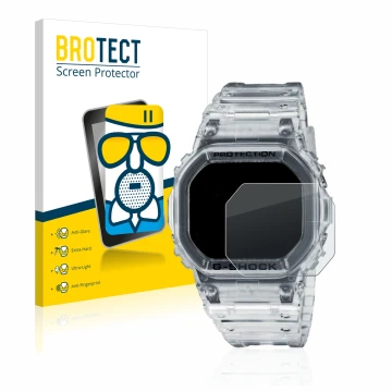 Vorderseite einer Produktverpackung mit dem Markenlogo BROTECT. Daneben ist das Gerät Casio G-Shock DW-5600SKE-7 mit dem zugeh