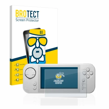 Vorderseite einer Produktverpackung mit dem Markenlogo BROTECT. Daneben ist das Gerät Evercade EXP mit dem zugehörigen Display