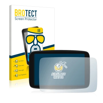 Vorderseite einer Produktverpackung mit dem Markenlogo BROTECT. Daneben ist das Gerät TomTom GO Camper Max mit dem zugehörigen