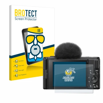 Vorderseite einer Produktverpackung mit dem Markenlogo BROTECT. Daneben ist das Gerät Sony ZV-1F mit dem zugehörigen Displaysc