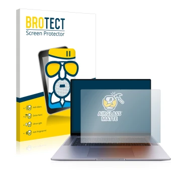 Vorderseite einer Produktverpackung mit dem Markenlogo BROTECT. Daneben ist das Gerät Huawei MateBook 16s mit dem zugehörigen 