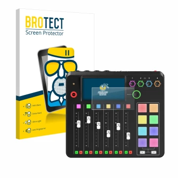 Vorderseite einer Produktverpackung mit dem Markenlogo BROTECT. Daneben ist das Gerät Rode Rodecaster Pro II mit dem zugehörig