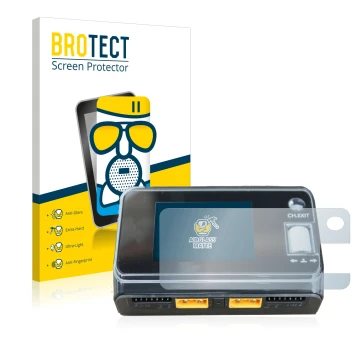 Vorderseite einer Produktverpackung mit dem Markenlogo BROTECT. Daneben ist das Gerät ToolkitRC M6D Dual Charger mit dem zugeh