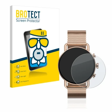 Vorderseite einer Produktverpackung mit dem Markenlogo BROTECT. Daneben ist das Gerät Skagen Falster Gen 6 (41 mm) mit dem zug