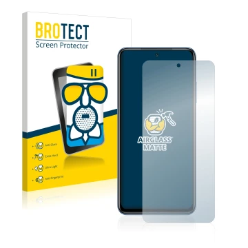 Vorderseite einer Produktverpackung mit dem Markenlogo BROTECT. Daneben ist das Gerät Xiaomi Poco M5s mit dem zugehörigen Disp