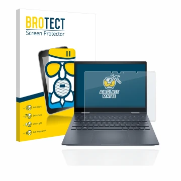Vorderseite einer Produktverpackung mit dem Markenlogo BROTECT. Daneben ist das Gerät HP Envy x360 13-bfxxx mit dem zugehörige