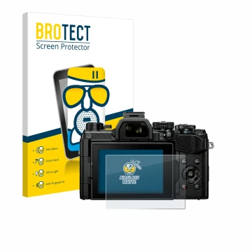 Vorderseite einer Produktverpackung mit dem Markenlogo BROTECT. Daneben ist das Gerät Olympus OM System OM-5 mit dem zugehörig