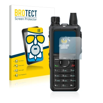Vorderseite einer Produktverpackung mit dem Markenlogo BROTECT. Daneben ist das Gerät Hytera HP 685 mit dem zugehörigen Displa