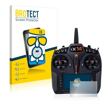 Vorderseite einer Produktverpackung mit dem Markenlogo BROTECT. Daneben ist das Gerät Spektrum iX14 mit dem zugehörigen Displa