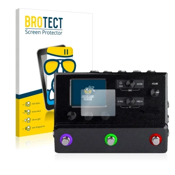 Vorderseite einer Produktverpackung mit dem Markenlogo BROTECT. Daneben ist das Gerät Line 6 hx stomp mit dem zugehörigen Disp