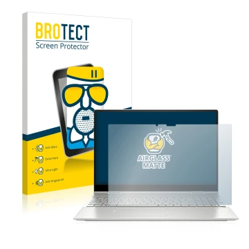 Vorderseite einer Produktverpackung mit dem Markenlogo BROTECT. Daneben ist das Gerät HP Envy x360 2-in-1 15-ey mit dem zugehö