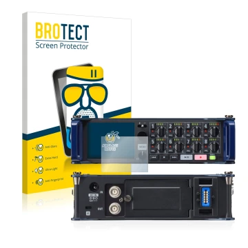 Vorderseite einer Produktverpackung mit dem Markenlogo BROTECT. Daneben ist das Gerät Zoom F8 field recorder mit dem zugehörig