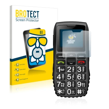 Vorderseite einer Produktverpackung mit dem Markenlogo BROTECT. Daneben ist das Gerät artfone C1 + mit dem zugehörigen Display