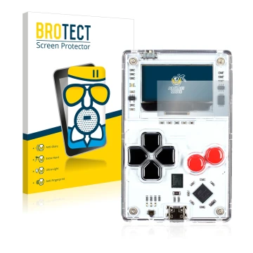 Vorderseite einer Produktverpackung mit dem Markenlogo BROTECT. Daneben ist das Gerät Arduboy FX mit dem zugehörigen Displaysc